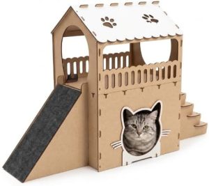 Casinha para Gatos 2 Andares MDF Natural com Rampa Arranhadora e Escada – Casa Gato Indoor com Entrada Decorativa – 67x90x35cm