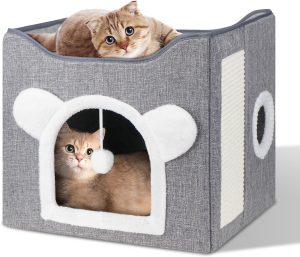 Casa Gato, Caverna Dobrável para Gatos com Bola Fofa e Almofada para Arranhar, Casinha para Gato de Interior para Vários Animais de Estimação Pequenos, Camas para Gatos de Interior, Cinzenta