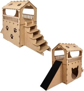 Casinha para Gato de Dois Andares com Rampa Antiderrapante e Escada – Espaço Multifuncional para Brincar e Descansar, Resistente e Segura para Ambiente Interno