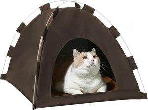 Cabaninha Tipo Tenda para Gatos e Cachorros de Pequeno Porte, Poliéster, Marrom, Dobrável, com Almofada Dupla Face, 41x41x30cm