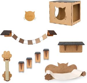 BOXFAN Kit playground para gatos 9 peças, inclui nicho, arranhador, degraus, rede, prateleira e ponte em mdf, móveis e brinquedo para diversão e conforto pet