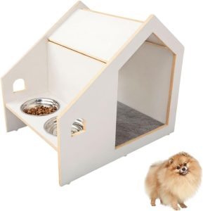 Casinha para Cães e Gatos Premium com Comedouro Duplo, Design Moderno, 2 Tigelas de Inox 500ml (Branco, Único)