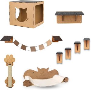 BOXFAN Playground para gatos, circuito suspenso com 9 peças, inclui nicho, ponte, rede, degraus, pareteleira e arranhador em mdf, ideal para diversão e conforto