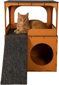 Torre Casinha Para Gatos em MDF com Toca e Área Superior – Cor Caramelo