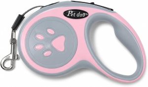 Guia Retrátil para Cachorro com Trava de Segurança e Clipe Reforçado – Fita de 3m Resistente para Passeios – Coleira Guia para Cães Pequenos e Médios – Cinza/Rosa