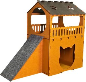 Casinha Casa de Gato Toca para Gatos em MDF com 2 Andares, Rampa e Arranhador com Carpete – Playground Parquinho Casa Grande Tipo Beliche Luxo, Brinquedo para Gatinho, Diversão para Gatos