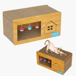 Casinha De Gato Com Arranhador e Brinquedos Caixa Caminha 2 Andares Antiestresse Mdf Resistente Portatil Antiderrapante Tábua de Arranhar Com Bolinhas Toca Protetor Sofá e Cama Gatificação 48cm x 24cm