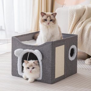 Casinha Cama para Gato Com Arranhador Vertical Brinquedo Tapete Fácil Limpar Dobrável Portátil Compacto