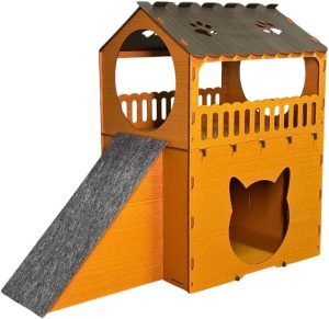 BOXFAN Casa Para Gatos Dois Andares Toca Em Mdf Caramelo Cama Beliche Brinquedo Arranhador Gato Diversão Toquinha Playground Interativo Diversão Felina – Conforto e Proteção para Móveis