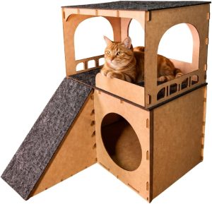 Casinha Pet para Gato em MDF 2 Andares com Carpete Arranhador, Toca para Gatos, Casa Suspensa, Nicho Premium Resistente Moderna MDF Cru