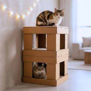 Casa para Gato Torre KUBO em Papelão com Arranhador e Almofada Toca Dupla