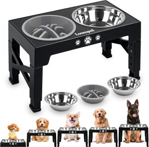 Comedouro Elevado para Cães Médios Grandes 5 Alturas Regulável com 1 Comedouro Lento e 2 Tigelas Inox Antiderrapante Preto