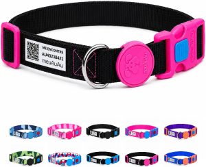 meuAuAu Coleira Cachorros Médios com Identificação QR Code, Coleira para Cães e Coleira Pet Inteligente sem Bateria, Ajustável em Poliéster Premium com Trava de Segurança (Black Pink, M)