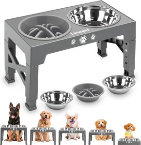 Comedouro Elevado para Cães Gatos Médio Grandes com 1 Comedouro Lento e 2 Tigelas Inox 5 Alturas Regulável Antiderrapante Cinza