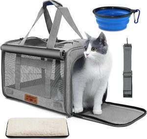 Bolsa de Transporte Pet,Caixa de Transporte para Gatos Cachorros Avião Viagem Dobrável C/Alça de Ombro e Almofada 46×30×30cm Cinza