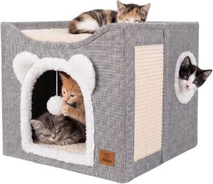 Casinha para Gatos 2 Andares com Arranhador e Brinquedo PETYC Cama Dobrável Interativo Tapetes Laváveis
