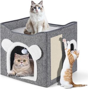 39 * 39 * 38 cm Cama Dobrável para Gatos, Casinha Toca para Gatos com Arranhador, Cama de Pelúcia Dobrável