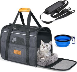 Bolsa de Transporte Pet,Caixa de Transporte para Gatos Cachorros Avião Viagem Dobrável C/Alça de Ombro e Almofada 45×35×33c Preto
