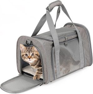 Bolsa Transporte Pet Avião Cabine até 14kg – Cinza, Dobrável com Tela Ventilada, Alças e Tapete Removível para Cães e Gatos