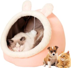 Toca Iglu Barraca Rosa Para Gatos e Cachorros Pequenos – Cama Caverna de Veludo com Almofada Removível e Lavável
