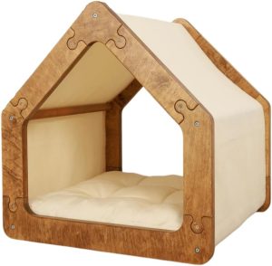 Cama Caminha para Pet Cachorro e Gato Tamanho Grande em Madeira e Tecido, Luma Pet, Design Casinha, com Almofada Macia, Bege e Marrom | Design Casinha, Com Almofada Macia, Tecido
