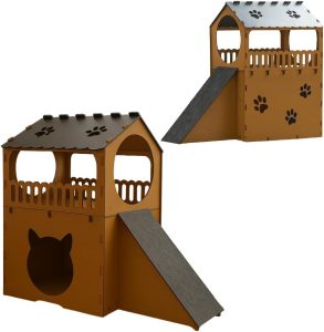 BOXFAN Casa Arranhador Toca Casinha para Gatos Rampa Antiestresse Playground Casa de Gato 2 Andares Mdf Caramelo Resistente Diversão Felina – Gatificação do Ambiente para Gatos Adultos e Filhotes