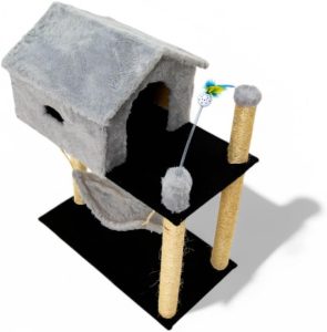 Arranhador Gato Casa Dois Andares com rede e brinquedos (CINZA)