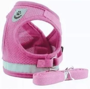 Coleira Peitoral para Cachorros e Gatos com Colete Reflexivo Regulável e Guia de Passeio (ROSA, L)