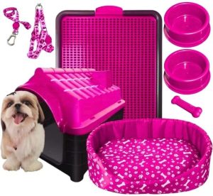 Kit Cachorro Completo – Casinha para Cachorro, Cama Pet, Sanitário e Acessórios para Cães de Pequeno Porte(Rosa)