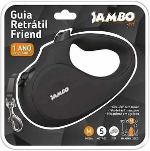 JAMBO PET Guia para Cães, Friend Retratil, 5m Suporte até 15kg, Média – Preta
