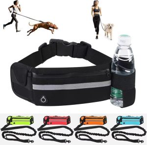 Guia Mãos Livres para Cães com Cinto Ajustável e Bolsa – Leash Elástico Amortecedor, Porta Garrafa, Bolso com Zíper e Faixa Refletiva para Corrida e Caminhada (Rosa)