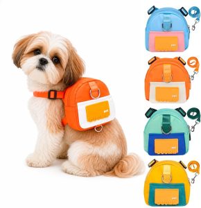 Mochila Coleira Guia Pet Peitoral Ajustável Animais Pequeno e Médio Porte Multiuso Pora Saquinho Para Fezes Ração Cores Sortidas Tamanhos P e M Trilha Viagem Passeio Diário Premium (Laranja P)