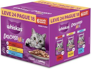 Pack Ração Úmida Whiskas Sachê Carne/Frango/Atum para Gatos Adultos – Leve 24 Pague 18